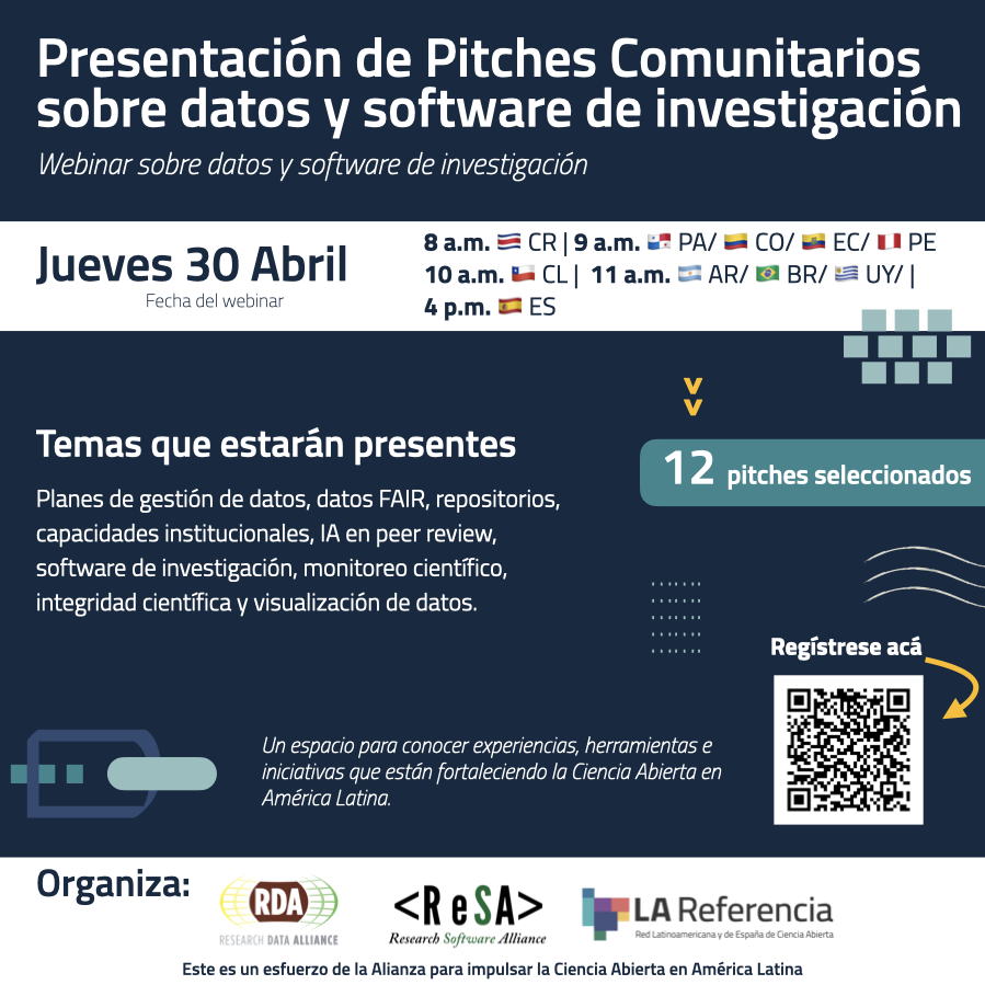 LAReferenciaAA's tweet photo. 📣 De hoy en ocho llega nuestra presentación de Pitches Comunitarios sobre datos y software de investigación.

Durante esta actividad se presentarán 12 pitches. Conozca el detalle de cada uno de ellos acá: https://t.co/HEfDL7wJ3V

🔗 Inscríbase aquí: https://t.co/FoR340DjtF https://t.co/uTamJM5IXx
