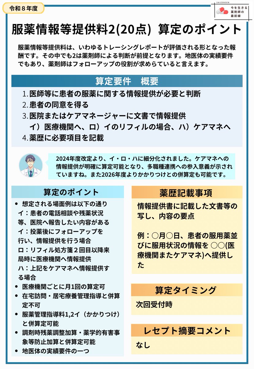 ✅令和8年度　服薬情報等提供料2の算定ポイント💡

服薬情報等提供料2は、“気づける薬剤師”の点数です。

・残薬の確認
・副作用聞き取り
・飲めていないとの聴取

これらを拾って、医師・ケアマネに繋げるだけ。

トレーシングレポートを業務に取り込むことで、自然と算定数は積み上がります💪
