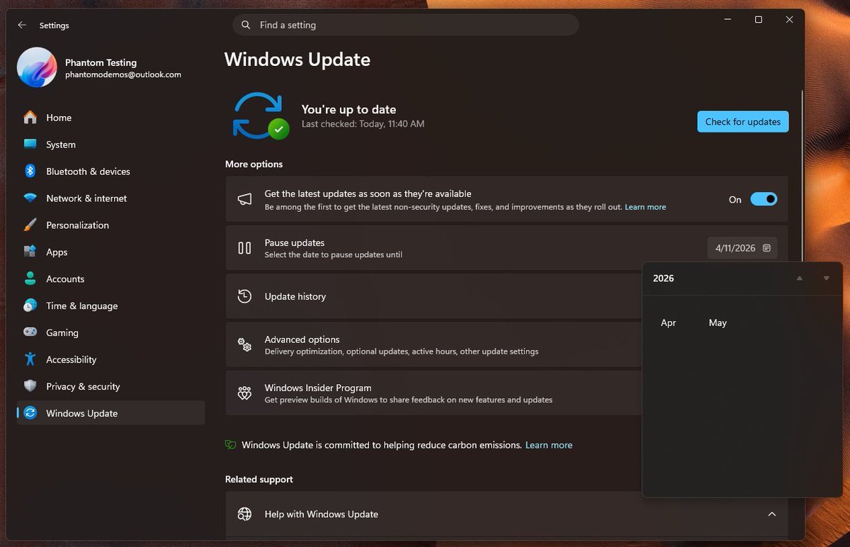 landiantech's tweet image. 微软在 #Windows11 测试版更新设置中增加手选日期，也就是不再强制更新系统，让用户自己选择更新年月日。不过该功能还在开发中，暂时只能选择 2026 年 4 月和 5 月，按理说微软应该会允许用户选择更久的日期以实现类似无限暂停更新的效果，至少要用户主动控制更新：ourl.co/112644