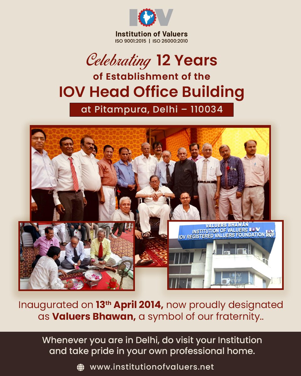 IOVvaluation's tweet photo. 🎉 12th Anniversary of the IOV Head Office Building, proudly known as Valuers Bhawan, Pitampura, Delhi.
More than just a building—it’s a legacy of trust, growth, and the strong bond of our fraternity.
#ValuersBhawn #IOV #institutionofValuers #Delhi #Valuers #Valuation https://t.co/SWdAp31sHp