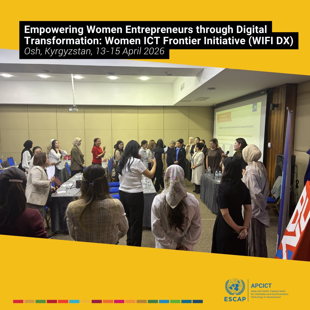 APCICT's tweet photo. 🎯 LIVE from Osh: Women entrepreneurs are transforming their digital journey!

APCICT’s WIFI DX training brings together women entrepreneurs, trainers &amp; stakeholders to explore digital transformation—from business innovation to digital marketing.

#WIFIDX #Kyrgyzstan https://t.co/fPHQrKYY4p