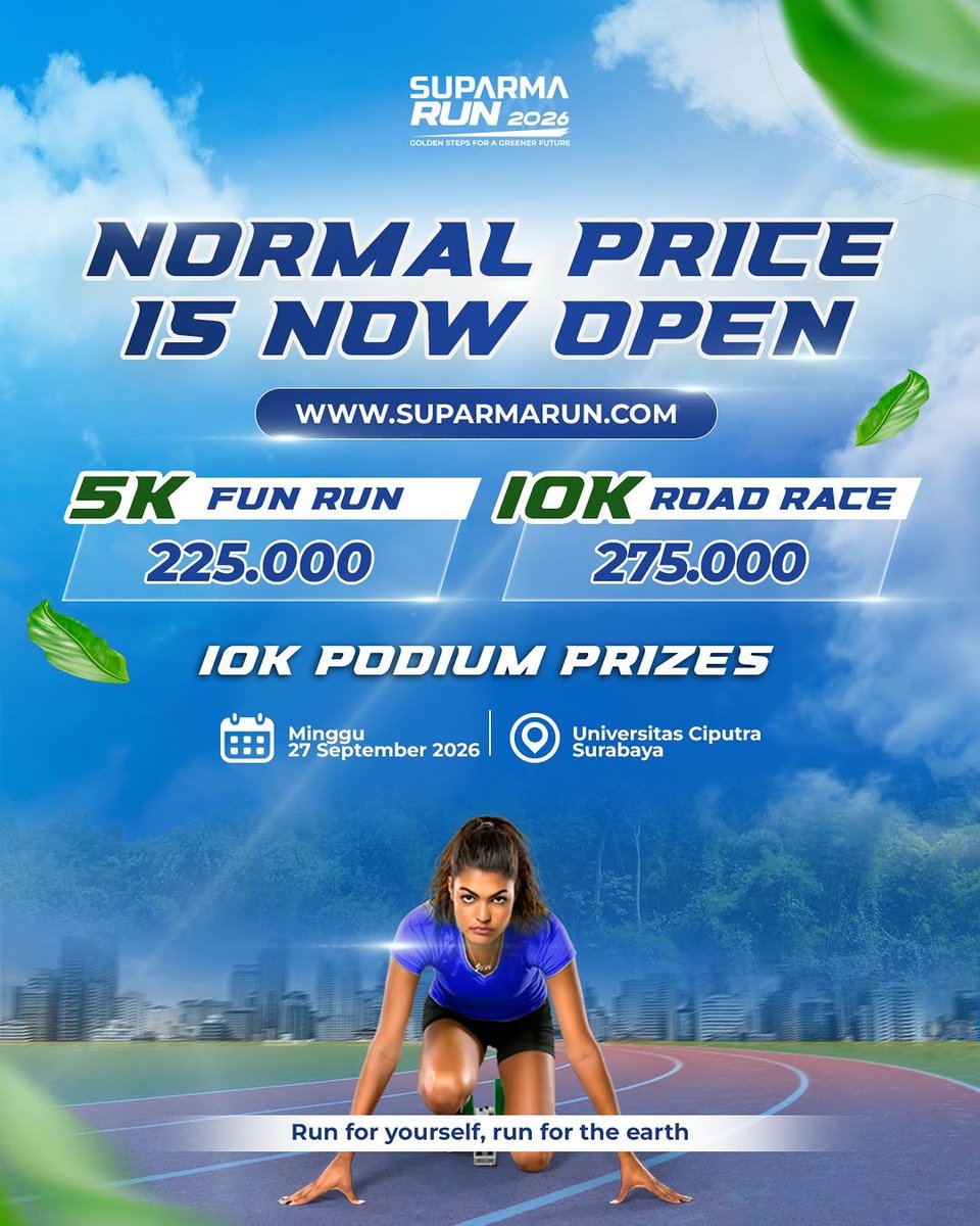 JadwalLari's tweet image. 👟Suparma Run 2026
🗓️Minggu, 27 September 2026
🏃‍♂️5K dan 10K
🏠Universitas Ciputra (UC), Citraland, Surabaya, Jawa Timur

#JadwalLari #FunRun #InfoLariSurabaya #EventLariSurabaya #SuparmaRun2026
