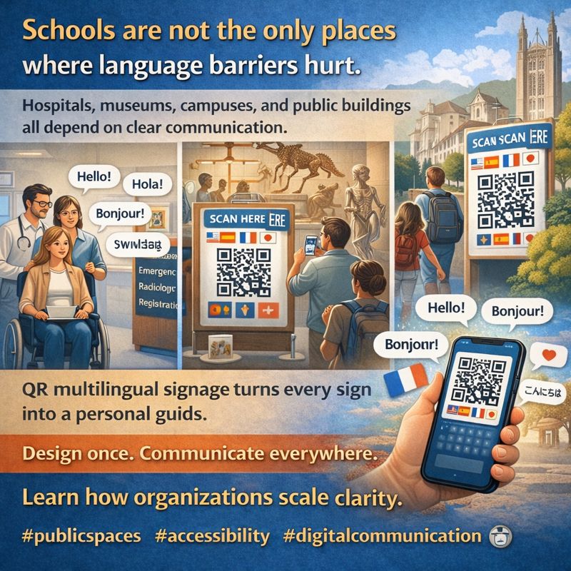 dhrondes's tweet image. Schools are not the only places where language barriers hurt.

Hospitals, museums, campuses, and public buildings all depend on clear communication. Multilingual QR signage delivers it instantly and consistently.

#publicspaces #accessibility #digitalcommunication 🏛️