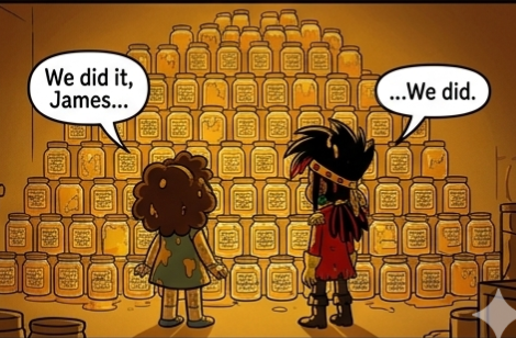 tatum_jame33182's tweet image. #theloudhouse #bee #gingergaray   #jamesmaxwell
#comic #larastein #art #honey 
#drawing #mimicomic 

THE GREAT HONEY. 

The plot follows Ginger and James attempting to fill jars with "BEE FRESH" honey.