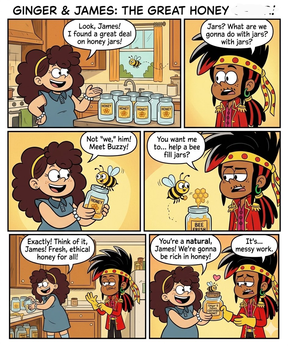 tatum_jame33182's tweet image. #theloudhouse #bee #gingergaray   #jamesmaxwell
#comic #larastein #art #honey 
#drawing #mimicomic 

THE GREAT HONEY. 

The plot follows Ginger and James attempting to fill jars with "BEE FRESH" honey.