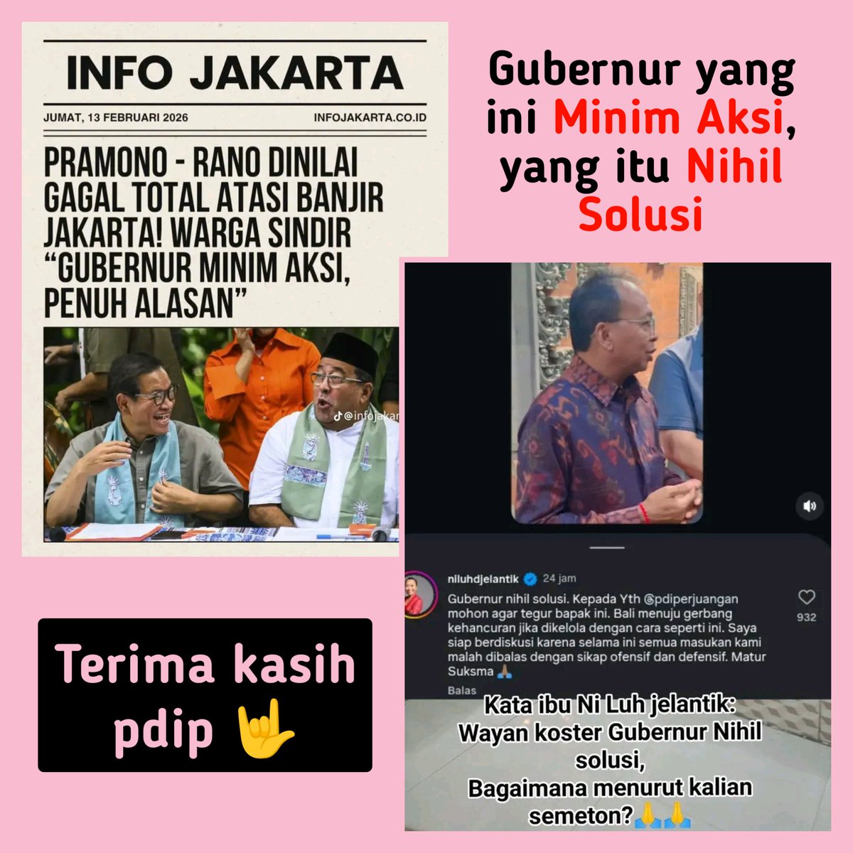 KerjaHasil_id's tweet image. Kualitas terbaik yang bisa diberikan kepada warga di daerah. Yang ini Minim Aksi, yang itu Nihil Solusi. Udah itu tawaran terbaiknya.

Terima kasih pdip. Supaya ga dituding 'kacang lupa kulit'. #jakarta #bali