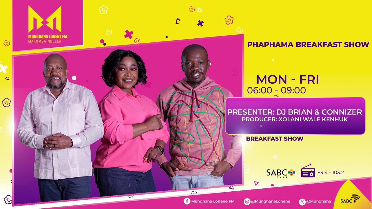 phaphamamlfm's tweet photo. #HlawulaPhaphama 
⏲️06:00 - 09:00
📻89.4-103.4 MHz
📺Dstv Ch 810
SABC➕https://t.co/Sc6ZH7RrWt
☎️ 0860002543
📱 0657443911
💻Stream |https://t.co/0J9Fu4WN8w
#PhaphamaNaMunghana #61YaVuhaxi #HaNdlandlamuka https://t.co/osUEgRuhzp