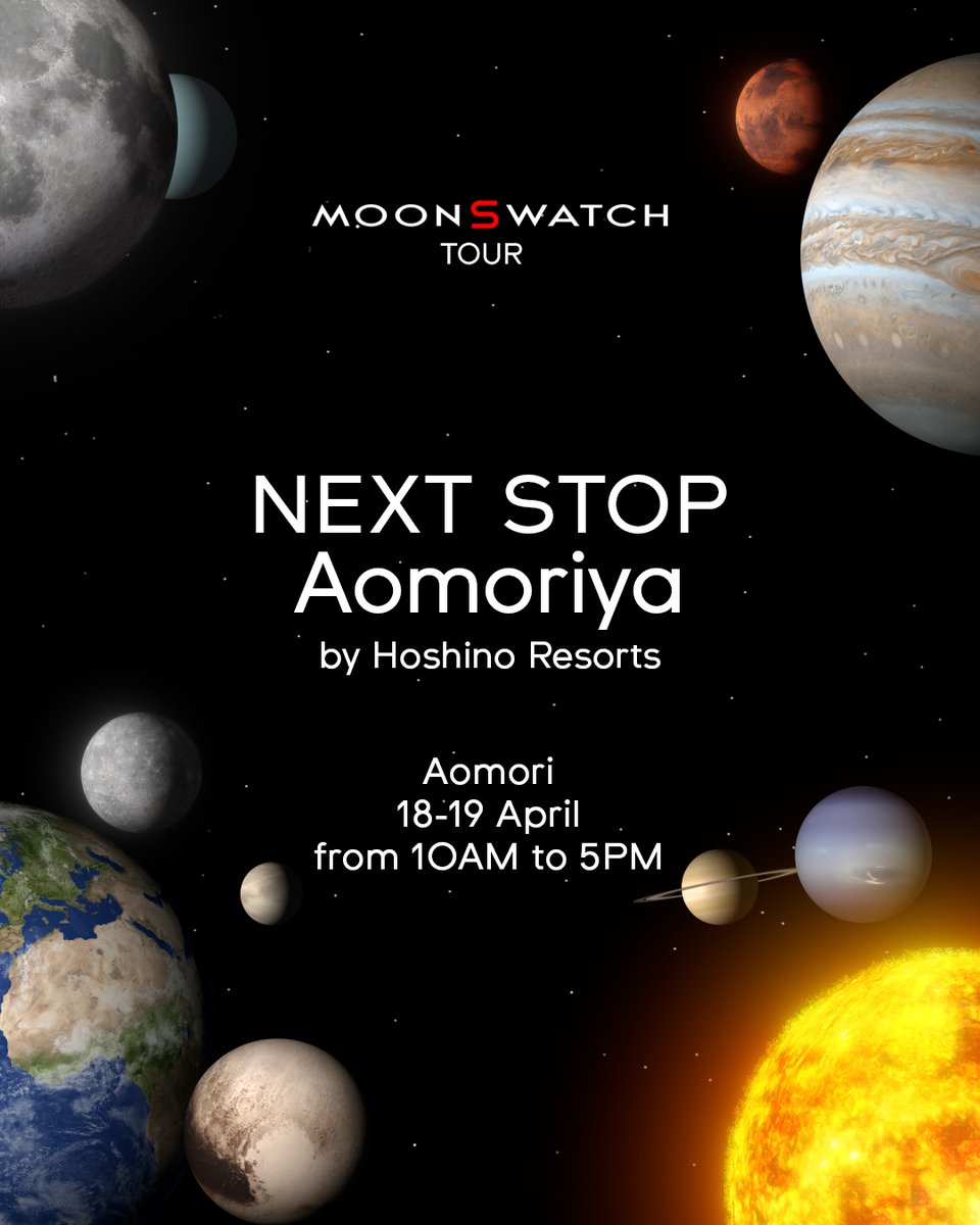 swatch_jp's tweet image. 「MoonSwatchツアー」　
青森県に初上陸🚀 
4/18(土)～4/19(日)の2日間
青森屋 by 星野リゾートにて開催予定！
開催時間：10:00～17:00

#OMEGAxSwatch
#MoonSwatch
#Swatch