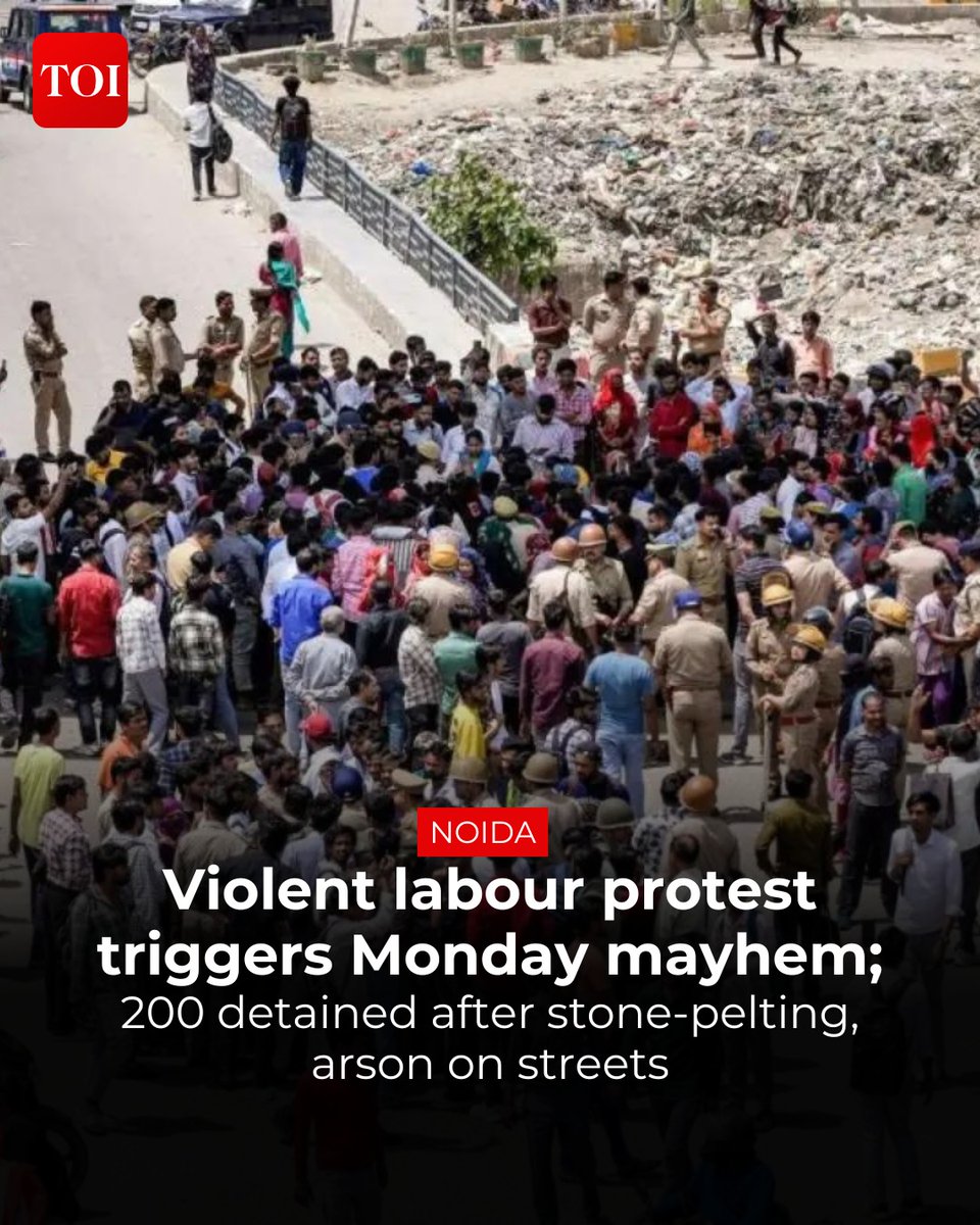 timesofindia's tweet image. Violent protests by #industrial workers demanding UP govt follow #Haryana’s move to hike minimum wages by 35% froze #Noida on Monday, leaving commuters stranded on roads for hours through the morning and a trail of arson and vandalism in and around its factory #clusters.

More