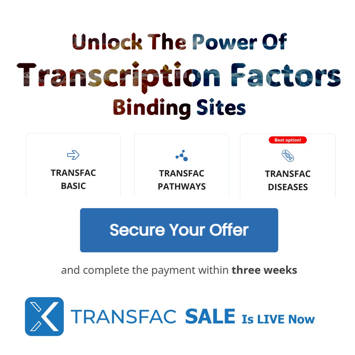 geneXplain's tweet photo. Dear Researchers, we’re opening a limited anniversary offer for TRANSFAC®, to support researchers working with multi-omics data.
You can reserve the offer now (5 days) &amp; complete formal procedures afterwards (3 weeks), Secure: https://t.co/79YGtRdnTF
#GENEREGULATION #OMICS #SALE https://t.co/38MtnGOLuf