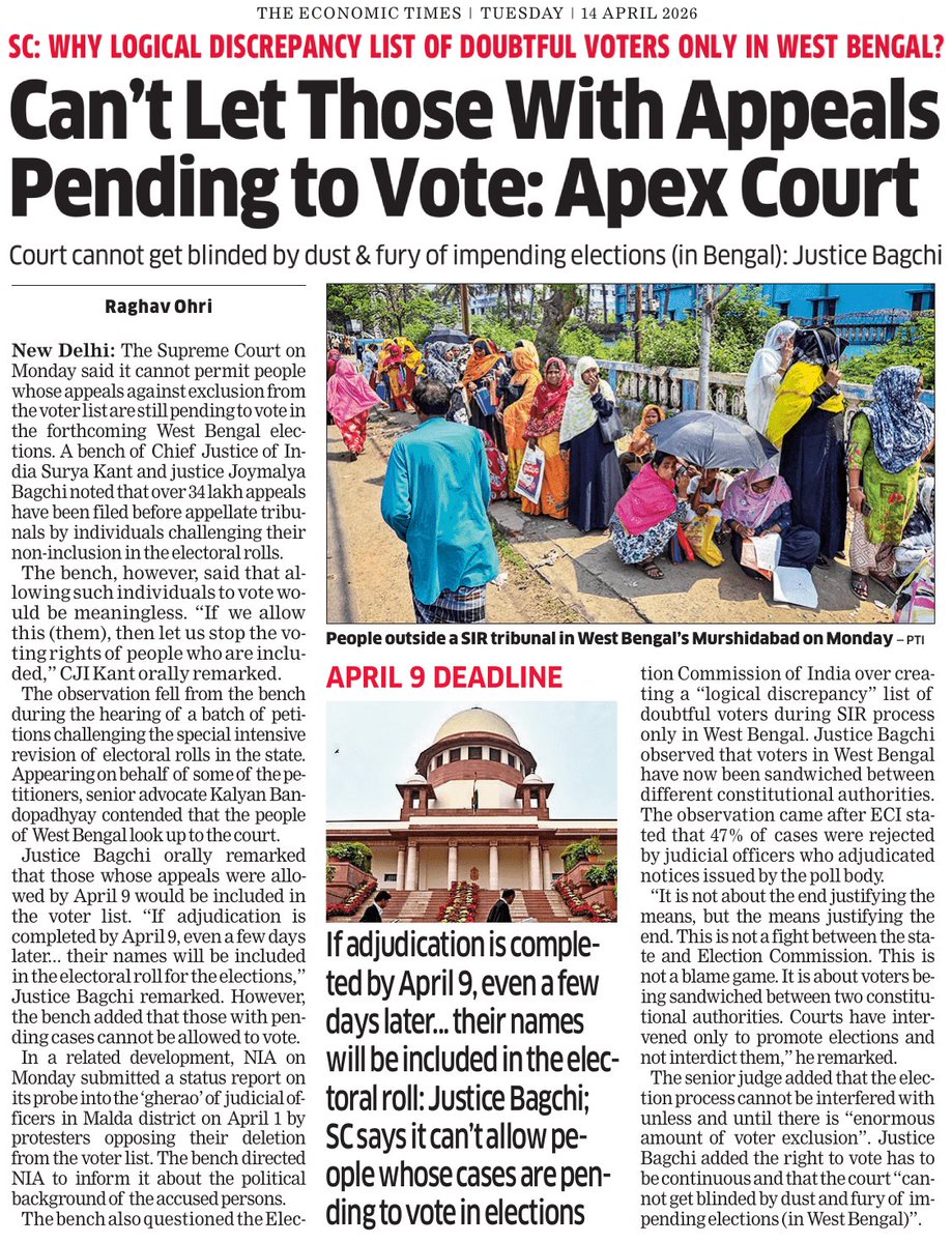 beastoftraal's tweet image. What a tangled web of contradictions!! 
1. SC questions why the "logical discrepancy" list of doubtful voters exists only in West Bengal. Yet does nothing to fix it or protect the 34+ lakh affected voters.
2. Justice Bagchi says the right to vote must be continuous. Then rules: