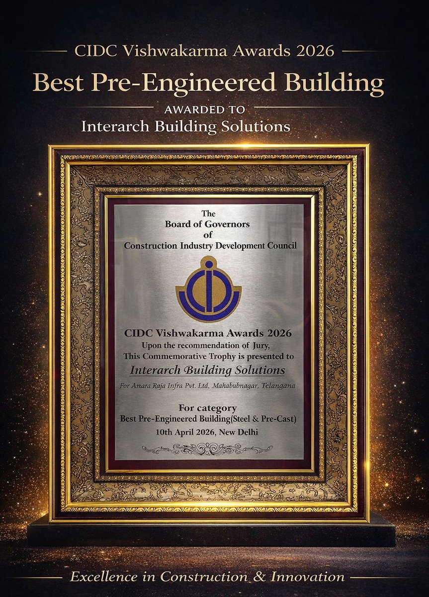InterarchPEB's tweet image. Proud moment for #Interarch! Honored at the #CIDC #VishwakarmaAwards2026 🏆

• Partners in Progress
• Best Pre-Engineered Building

Driving innovation, quality &amp;amp; collaboration in world-class infrastructure.
Grateful to our teams, partners &amp;amp; clients 

@NMalikakkal