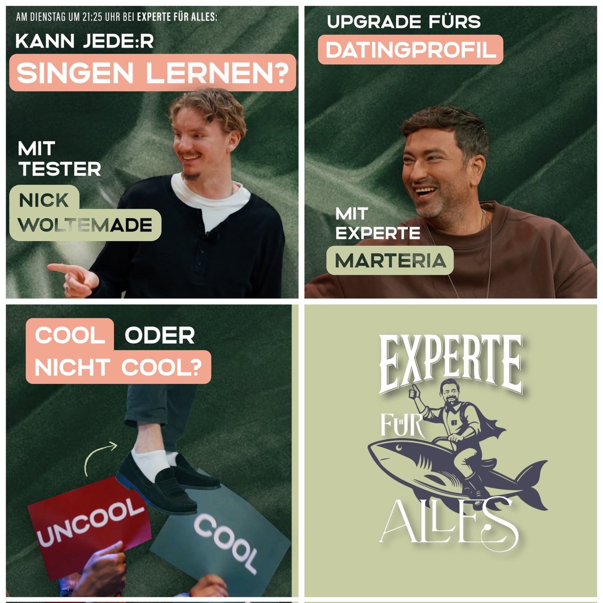 Don't forget! Dienstag ist Expertentag.

Kann N.Woltemade nach Klaas'  Gesangsstunde so gut singen, dass er cool genug ist, um von Materia auf einem Datingportal angeschrieben zu werden? 
Oder war das jetzt doch anders gemeint? 
Heute Abend:
21.25 Uhr
ProSieben

#Expertefüralles