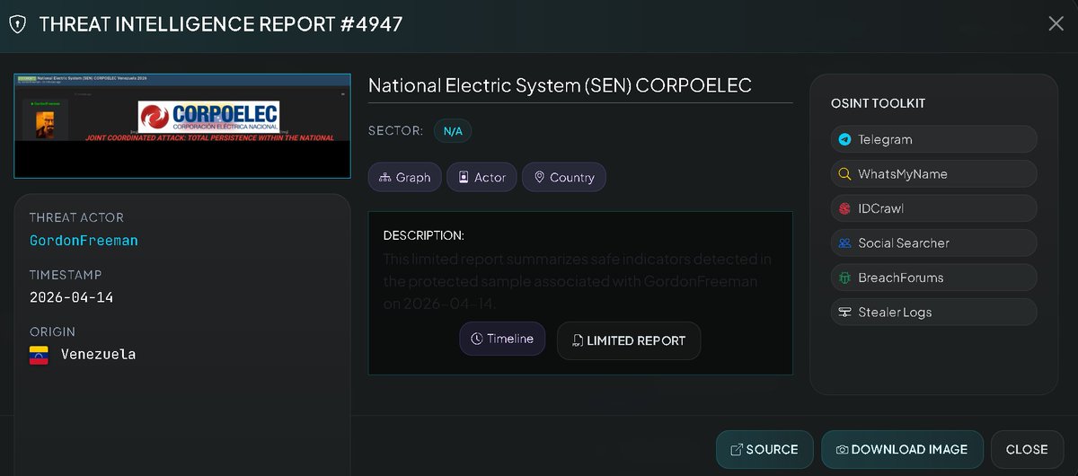 VECERTRadar's tweet image. 🚨 NATIONAL SECURITY ALERT: ATTACK ON CRITICAL INFRASTRUCTURE (CORPOELEC - VENEZUELA) 🇻🇪⚡

A cyber-sabotage operation of extreme severity targeting Venezuela's National Electric System (SEN) has been detected. Threat actors GordonFreeman and Shukaku_Daemon claim to have
