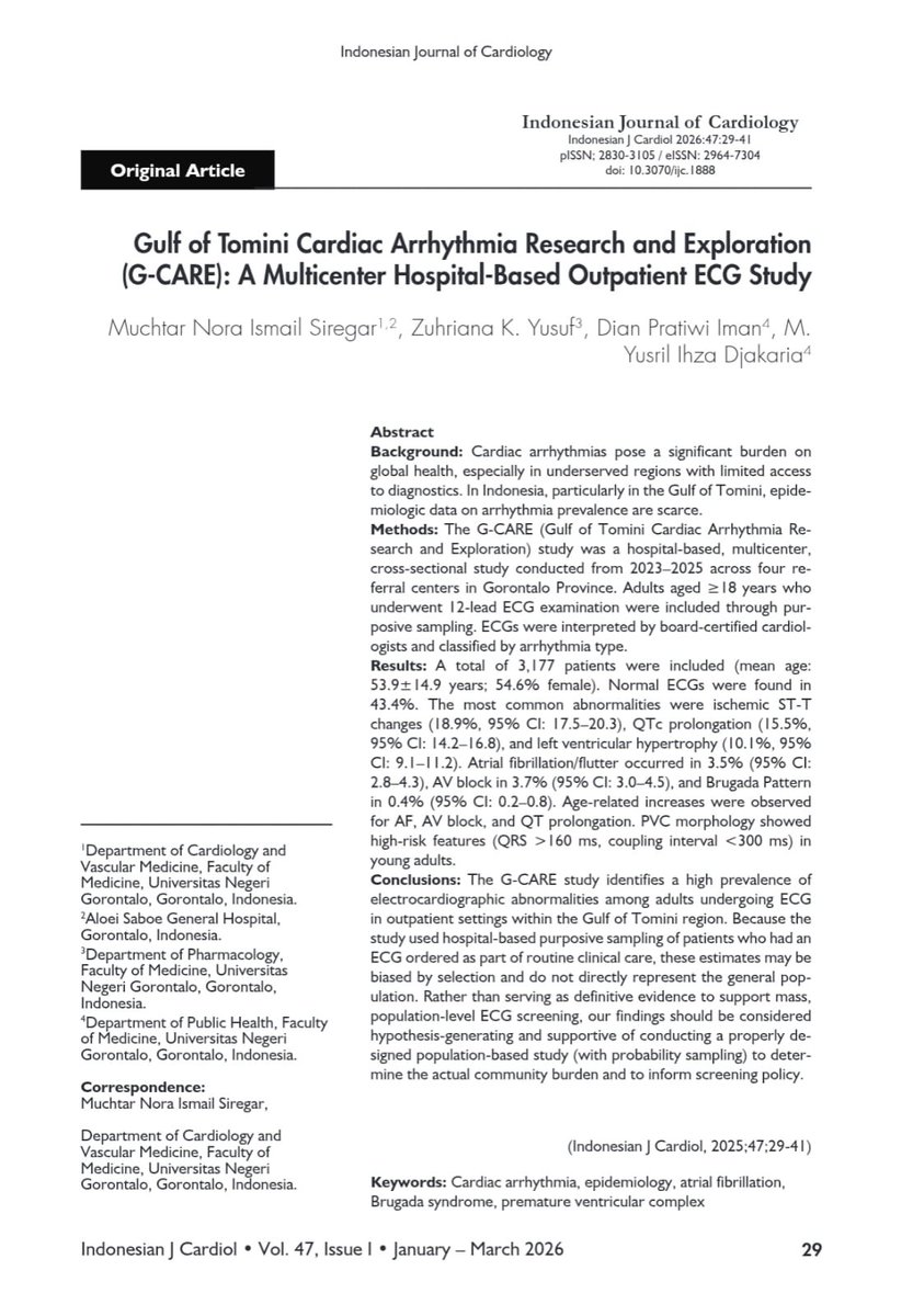 ijc_inaheart's tweet photo. G-CARE: Putting Eastern Indonesia’s Arrhythmias on the Map 🩺

This multicenter outpatient ECG study from the Gulf of Tomini region reveals a high burden of electrocardiographic abnormalities among adults, addressing a major data gap in an underserved, predominantly Gorontaloan population and laying the groundwork for region-specific screening, referral pathways, and investment in arrhythmia care.

DOI: https://t.co/qD0DT6fdCy
#Arrhythmia #Epidemiology #Cardiology #BrugadaSyndrome