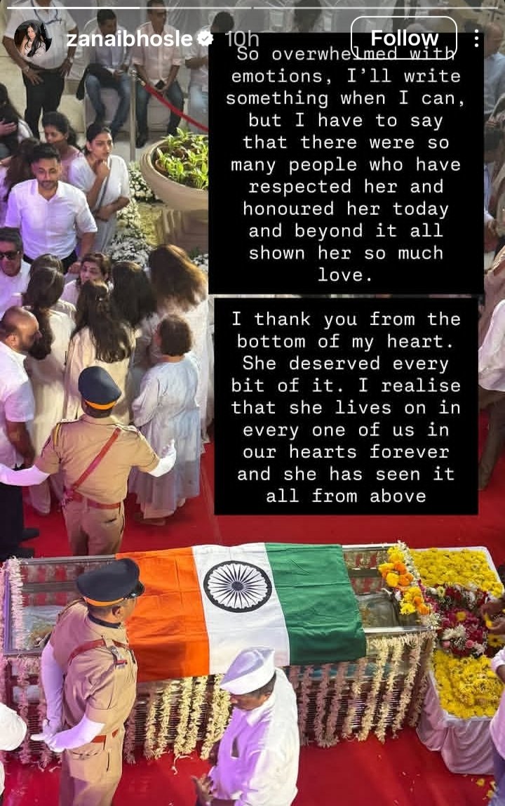 filmfare's tweet image. #ZanaiBhosle bids a heartfelt farewell to her grandmother #AshaBhosle, expressing deep gratitude for the love and support from well-wishers. ❤️

#Celebs