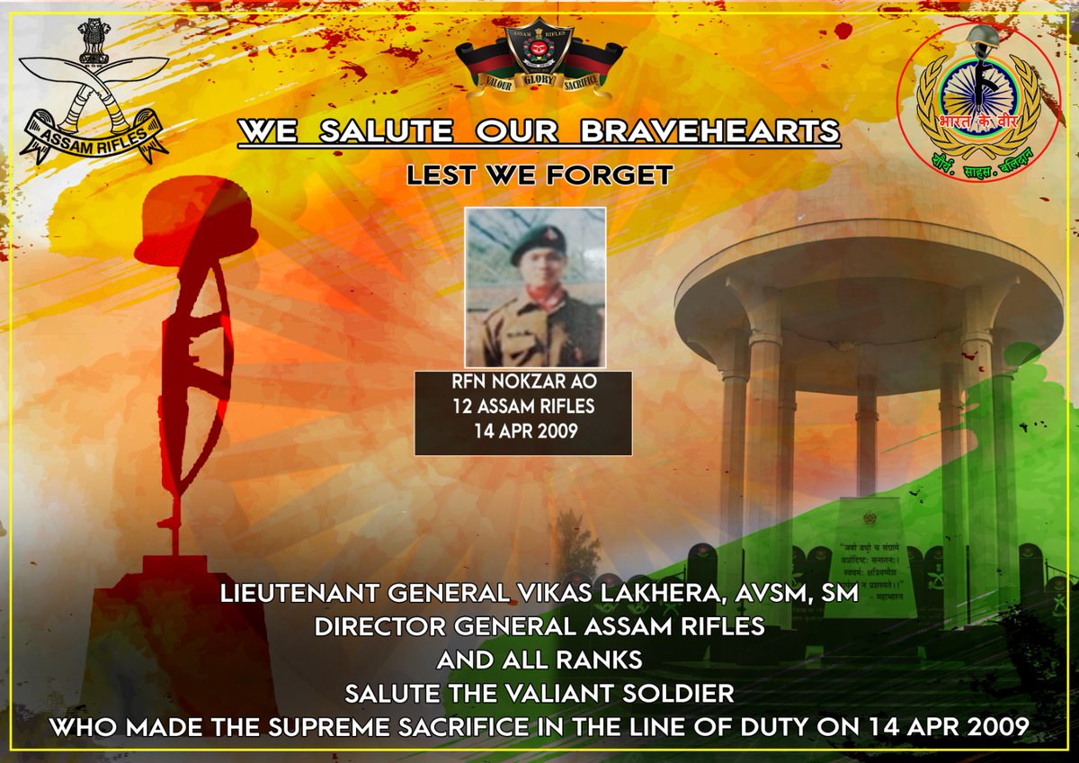 official_dgar's tweet image. Lieutenant General Vikas Lakhera, AVSM, SM, Director General of #AssamRifles &amp;amp; all ranks, salute the valiant soldiers who made the supreme sacrifice in the line of duty on 14 Apr.

#SaluteToMartyrs #HonourTheFallen #RememberingOurHeroes #MartyrsOfIndia #ForeverInOurHearts