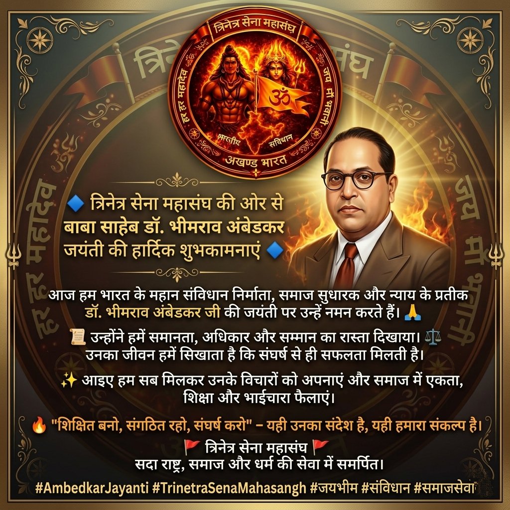 🔷 बाबा साहेब डॉ. भीमराव अंबेडकर जयंती की हार्दिक शुभकामनाएं 🔷

समानता, अधिकार और न्याय के प्रतीक को नमन 🙏
"शिक्षित बनो, संगठित रहो, संघर्ष करो" — यही हमारा संकल्प 🔥

🚩 त्रिनेत्र सेना महासंघ 🚩

#AmbedkarJayanti #जयभीम #संविधान #TrinetraSenaMahasangh
