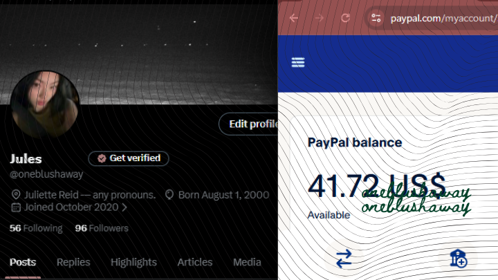 oneblushaway's tweet photo. wts saldo paypal pribadi 

$41.72 / rate 16.600
⭑ fnf only
⭑ bca / gopay / shopeepay

t. paypal idr to usd cv convert  #zonauang https://t.co/YdaiPco5PB