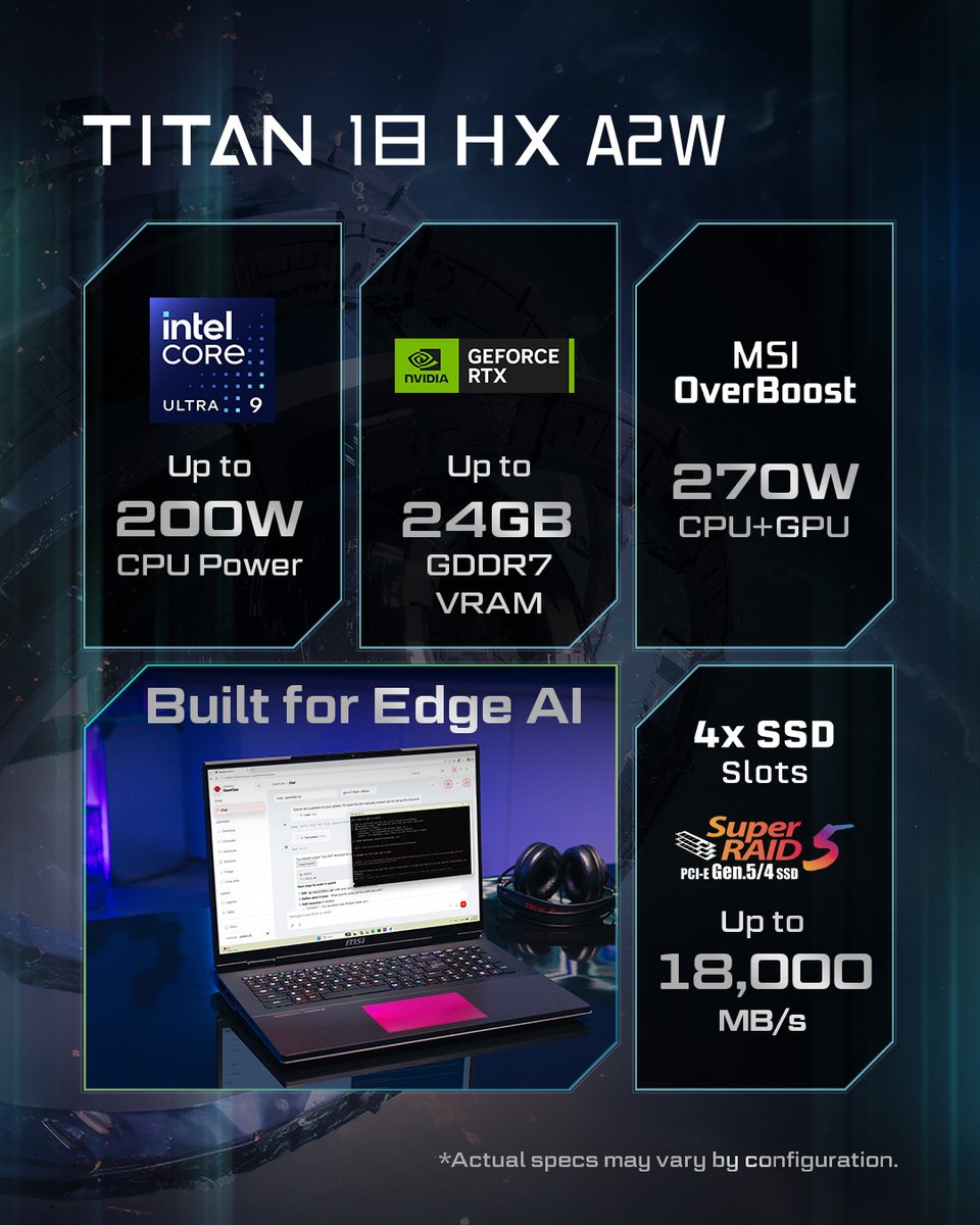 msigaming's tweet image. Total dominance: The Titan 18 HX A2W is the ultimate desktop replacement. Uncompromising raw power built for pioneering next-gen, off-grid agentic AI workloads and extreme gaming. Push the boundaries of portable performance.

msi.gm/Titan18HX_A2WX
#MSITitan #AgenticAI #AIPC