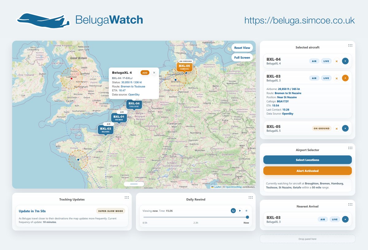 simcoemedia's tweet image. Just launched a website at beluga.simcoe.co.uk  where you can track the movements of #airbus #BelugaXL #aircraft as they fly across Europe. Download the Quick Guide at simcoe.co.uk/belugawatch.pdf for  more information on the key features. 

#airbusbeluga #broughton #planespotter