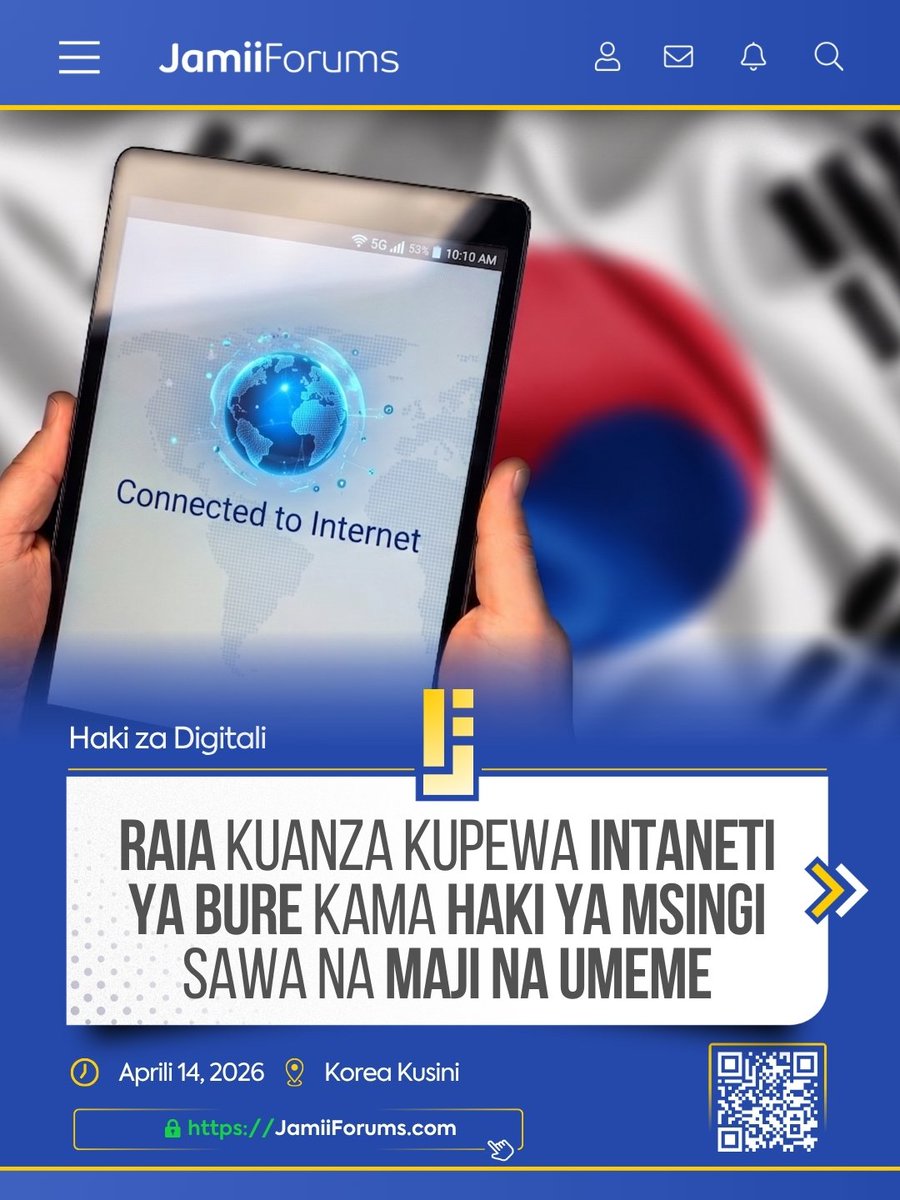 JamiiForums's tweet photo. Korea Kusini inakuwa nchi ya kwanza kutekeleza mpango wa kuwapatia Wananchi Intaneti bure hata baada ya vifurushi kuisha.

Japo nchi kama Ufilipino, Estonia na Costa Rica tayari zimetambua Intaneti kama haki ya msingi, lakini badala ya kutoa data moja kwa moja kwenye simu, hutoa huduma ya Wi-Fi ya bure katika maeneo ya umma.

Una maoni gani Mdau?

Bofya kushiriki kwenye mjadala https://t.co/AimFKewIVX

#JamiiForums #DigitalRights #HakiZaDigitali