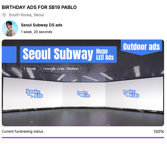 kooky__official's tweet photo. 🎉 #SB19 #PABLO #에스비나인틴 #파블로 Seoul Subway Ads Support — 100% Funded!

Seoul Subway Ads Support project, launched through Kooky Funding to support artists, has officially reached 100% funding! 🗳️

Huge thanks to everyone who took part —
let’s celebrate this successful campaign together 👏

+ Please submit your design for the advertisement!
👉 https://t.co/mPEC5mJKaT 

+ If the ad design is not submitted at least one month before the ad start date, the advertisement cannot proceed.

#KookyAds