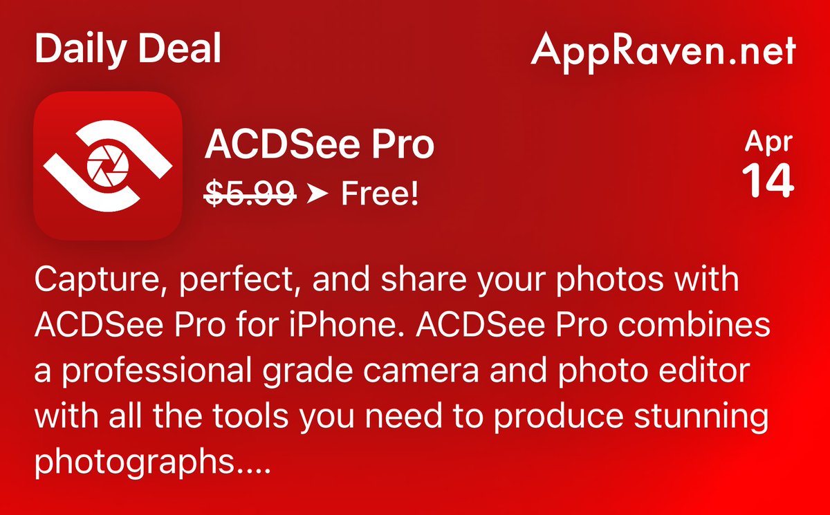 AppRaven's tweet image. 🎁 Today's App Deal - April 14th 🎁

ACDSee Pro
$5.99 ➤ Free!

Get it while you can!

👉 apps.apple.com/app/id968591710

📆 Repost &amp;amp; Follow for new deals every day!

#Apple #AppStore #Deals #Discount #iPhone #Apps #iOS