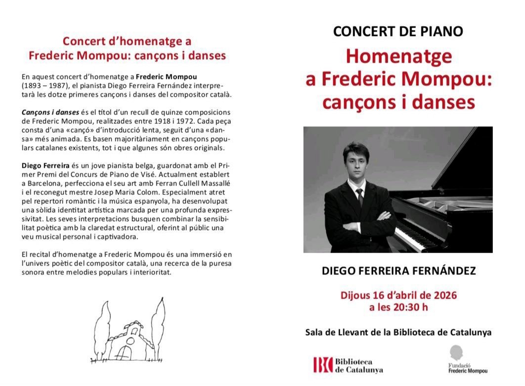 Molt feliços de compartir aquest concert d’homenatge a Frederic Mompou coorganitzat amb la <a href="/BiblioCatalunya/">Biblioteca de Catalunya</a> i que coincideix amb el dia de l’aniversari de naixement del compositor, el 16 d’abril. 
Dijous 16, a les 20:30h. Entrada lliure. Us hi esperem! ‼️✨🎶🎹