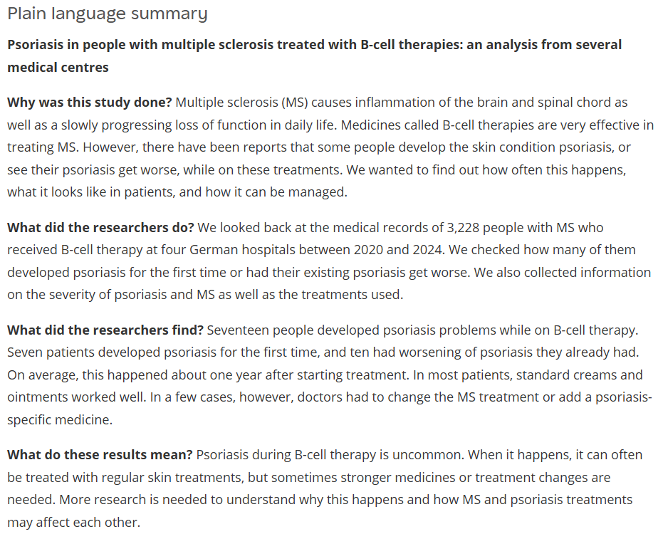 TANeurolDisord's tweet image. 🆕New online!
⚠️Case reports have raised concerns about the possibility of #psoriasis onset or exacerbation under B-cell depleting therapies for #MultipleSclerosis. 
📊Here, Patricia Kirschner et al analyze multicentre data from 3000+ patients:
🔗journals.sagepub.com/doi/full/10.11…