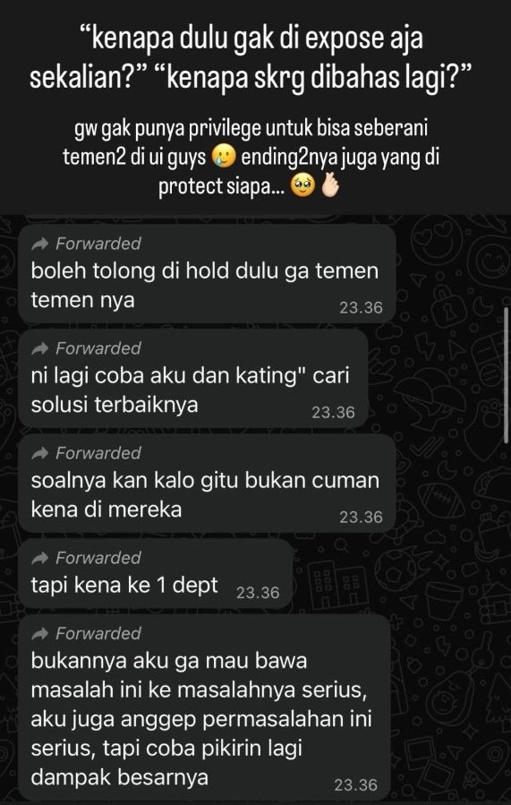 rapist enabler, ternyata dilindungin sama satu departemen dengan dalih menjaga nama baik dept 
(slide 4 forward chat TMB-57 setelah mendapatkan pegaduan soal masalah grup TMB-59)
