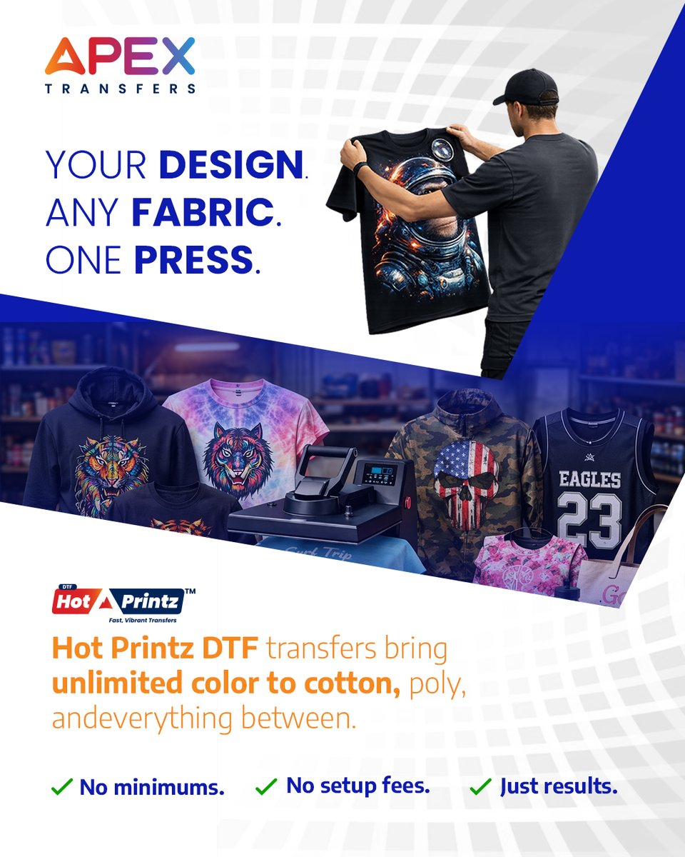 apex_transfers's tweet image. 𝐃𝐌 𝐮𝐬 𝐲𝐨𝐮𝐫 𝐚𝐫𝐭𝐰𝐨𝐫𝐤 𝐚𝐧𝐝 𝐰𝐞'𝐥𝐥 𝐠𝐞𝐭 𝐲𝐨𝐮 𝐚 𝐪𝐮𝐨𝐭𝐞 𝐭𝐨𝐝𝐚𝐲.

Contact Us: 877-935-7766
Visit Us: apextransfers.com
#dtftransfers #CustomApparel #hotprint #apextransfers #customfabricdesign #heattransfers #PrintOnDemand #PrintShopUSA