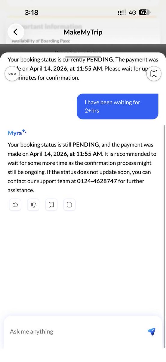 Prateekash's tweet photo. This number not working ai agent not helping no human helping #mmt #mmthelp @makemytrip @@makemy https://t.co/3qwZpgiGGk