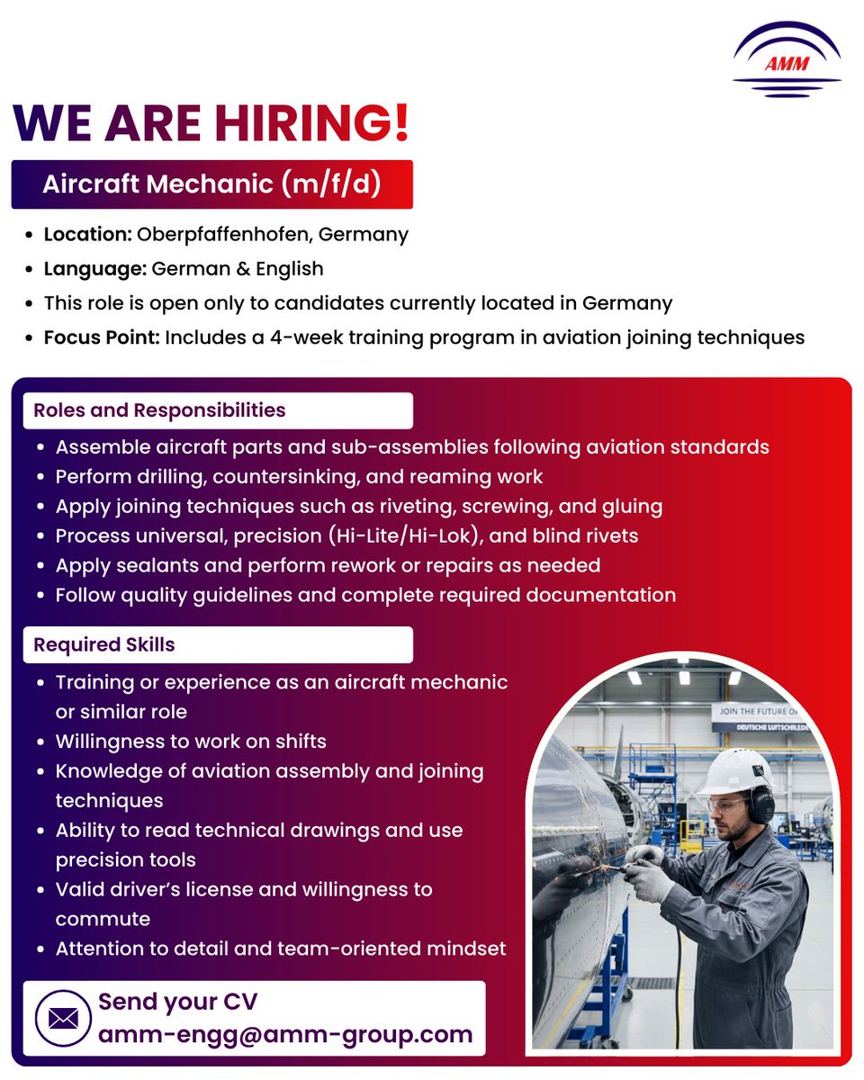 Amm_Enterprise's tweet image. Exciting opportunity!

#germanyjobs #jobsingermany #jobsearchgermany #jobsgermany #germanyjobseeker #germany #nowhiring #AircraftMechanic #AviationJobs #EngineeringCareers #GermanyJobs #Oberpfaffenhofen #AviationTraining #AerospaceCareers #TechnicalJobs #ShiftWork #HiringNow
