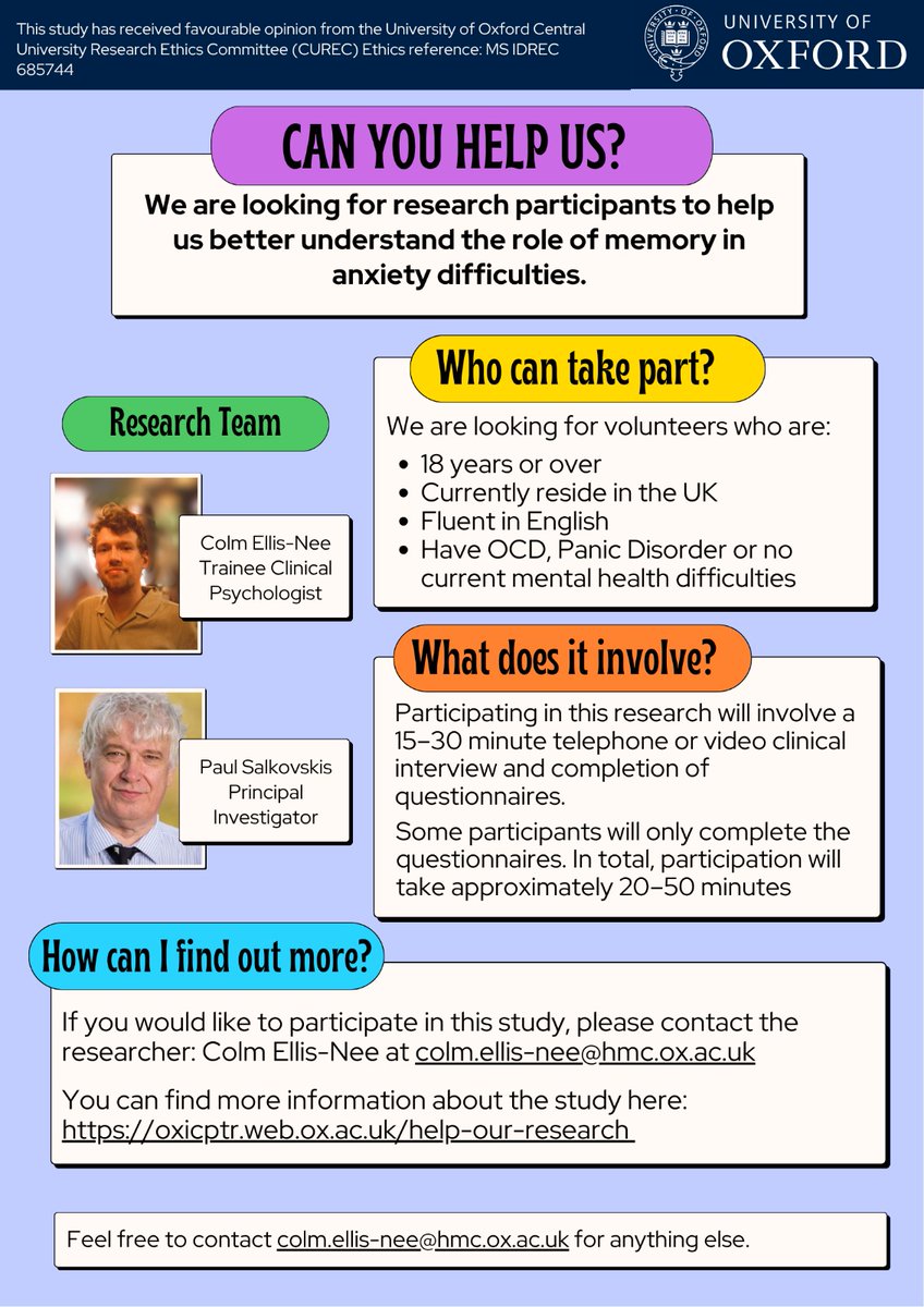 MemoryAndAnx's tweet photo. Myself and @psalkovskis are looking for UK-based volunteers (18+) who identify as having OCD,  panic disorder, or no current mental health difficulties.
Email: colm.ellis-nee@hmc.ox.ac.uk to take part
Or learn more here: https://t.co/zzoJngLLfM . https://t.co/InQutU1Eym