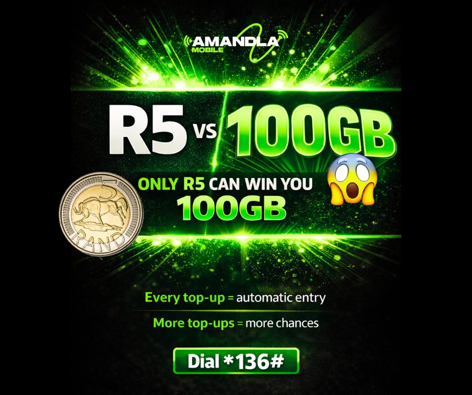 AmandlaMobile's tweet photo. 🔥 WE’RE GIVING AWAY 100GB EVERY MONTH! 🔥

Yes… you read that right 😱

All you have to do is:
👉 Top up R5+ airtime
👉 You’re automatically entered
The more you top up, the more chances you have to WIN 💥
📲 Dial *136# NOW

#AmandlaMobile #WinBig #100GB #DataDeals https://t.co/hvnyVyGkrk
