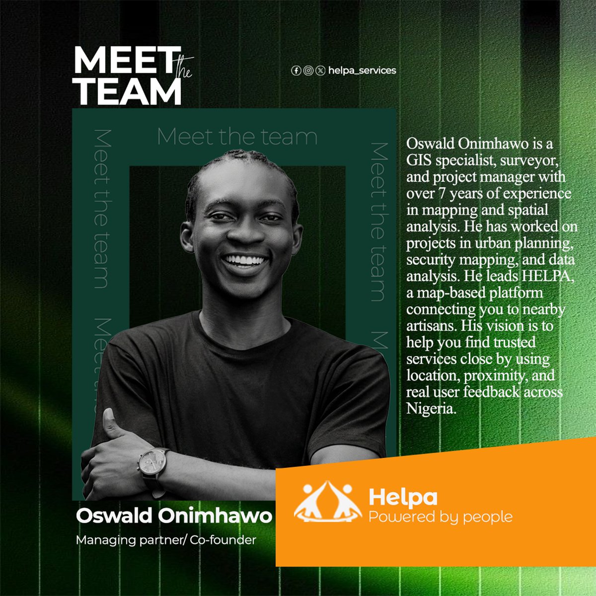 Helpa_app's tweet image. MEET Oswald Onimhawo 
The Co-founder at HELPA
@oswvldo_onielll 

#MeetTheTeam #HelpaServices #TechStartUp
