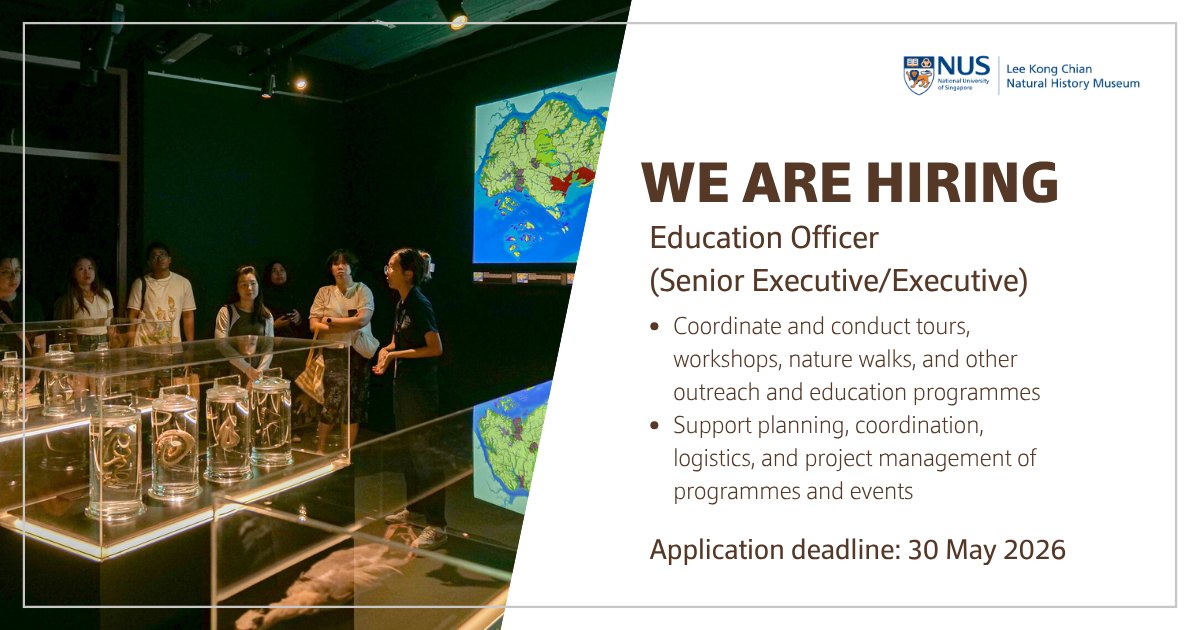 lkcnhm's tweet photo. We're looking for an Education Officer who is keen to coordinate and conduct tours, workshops, nature walks and other programmes!

🔗 Learn more here: https://t.co/ksWyJ1iTqB https://t.co/Y2FSUIxqjD