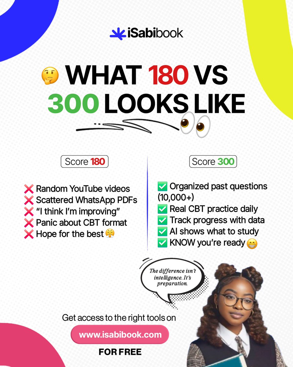 IsabibookNg's tweet photo. 180 and 300 JAMB score don’t come from the same approach.

If you’re not practising, you’re guessing.

iSabibook gives you organised past questions, real CBT practice, and clear progress tracking so you know exactly where you stand. https://t.co/cnBsz2tXRN