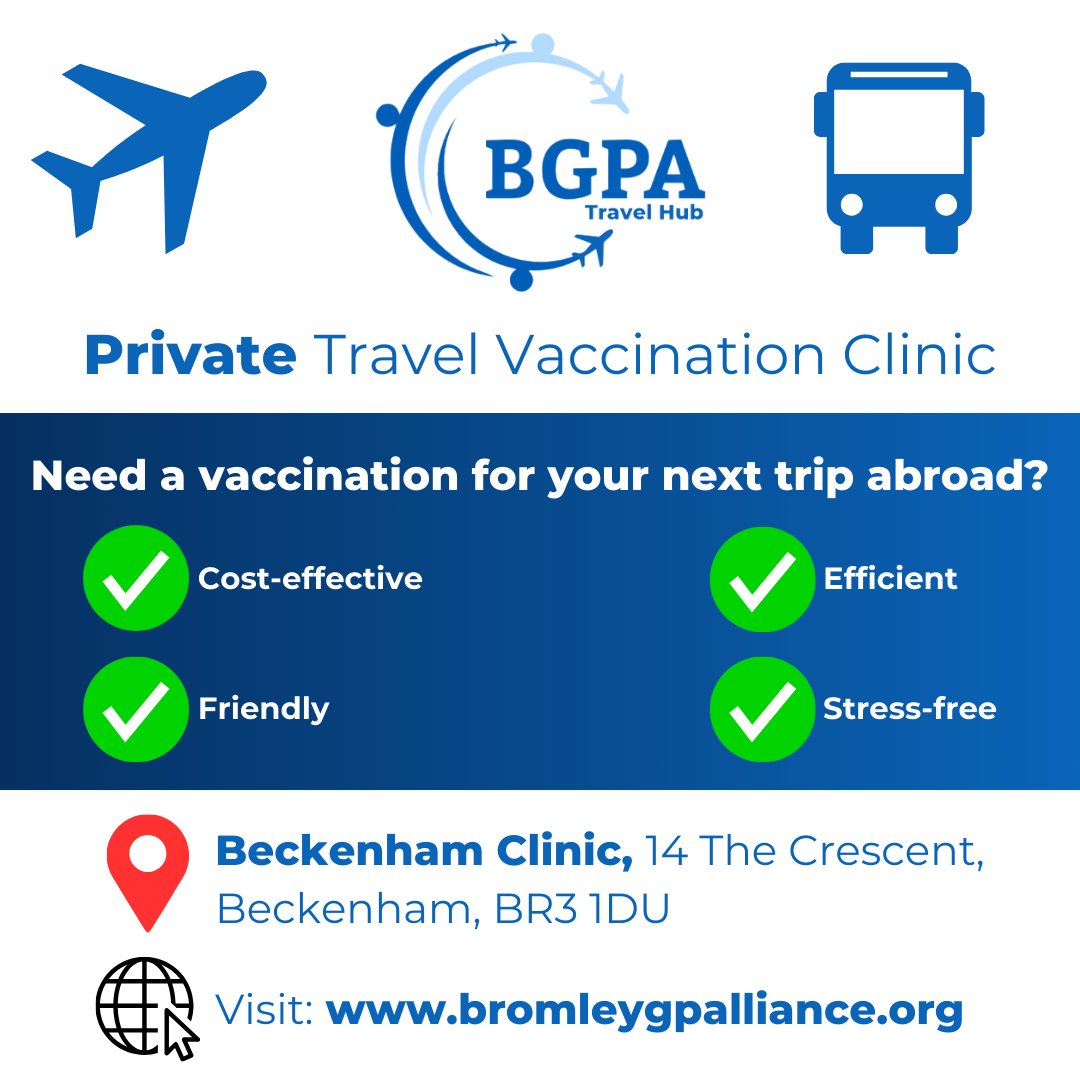 BromleyGPs's tweet photo. ✈️ Need travel vaccinations for an upcoming trip?

Book with us at the BGPA Travel Hub for a friendly, cost-effective and hassle-free experience. 👩‍⚕️

💻 Visit: https://t.co/5NFZ1VXfPU for more information on our private service.

#Bromley #Beckenham https://t.co/eiJMZIaxrt