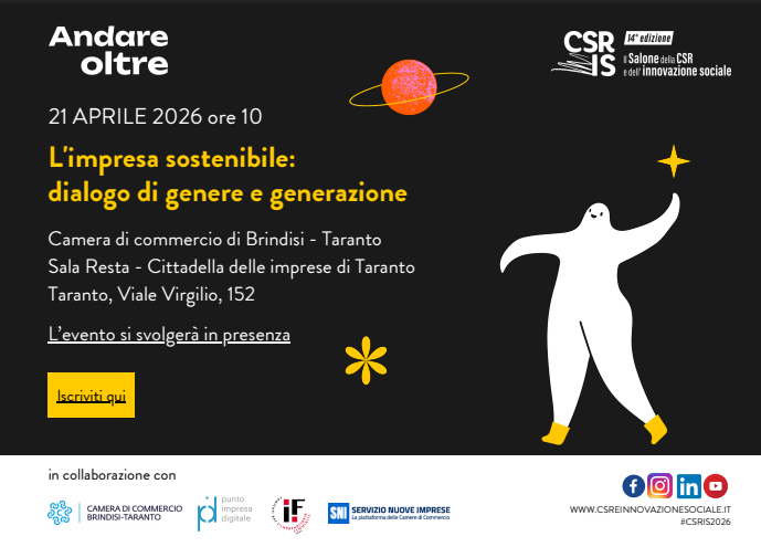 unioncamere's tweet photo. Martedì 21 aprile appuntamento a Taranto con la tappa territoriale della 14ma edizione del Salone della #CSR e dell’#innovazionesociale https://t.co/3Butku1HXX
Gli eventi itineranti del Salone puntano a valorizzare le esperienze concrete di #imprese e territori, promuovere la cultura della #sostenibilità, stimolare un’emulazione virtuosa. L'appuntamento pugliese si intitola "L’impresa sostenibile: dialogo di genere e generazione", e si svolgerà a partire dalle 10 presso la sede della @camcombrta.