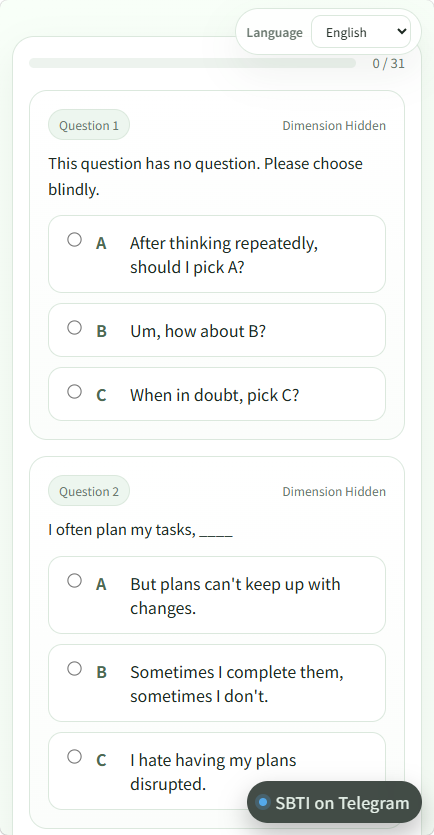 Wangxileiv587's tweet image. 🤯 Just built a FUNNY viral MBTI parody quiz — SBTI! 
Multi-language, mobile-friendly, and super shareable.  

Try it here 👇 
sbti.quiz.codes  

Share your result in the comments 👇 
#MBTI #PersonalityTest #ViralQuiz #SideProject