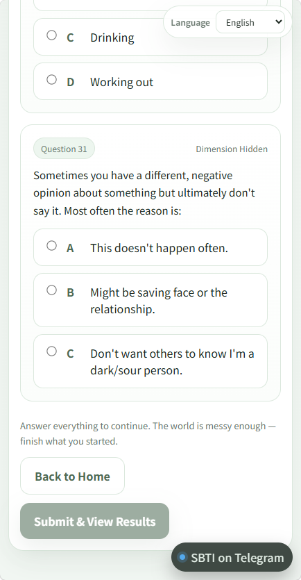 Wangxileiv587's tweet image. 🤯 Just built a FUNNY viral MBTI parody quiz — SBTI! 
Multi-language, mobile-friendly, and super shareable.  

Try it here 👇 
sbti.quiz.codes  

Share your result in the comments 👇 
#MBTI #PersonalityTest #ViralQuiz #SideProject