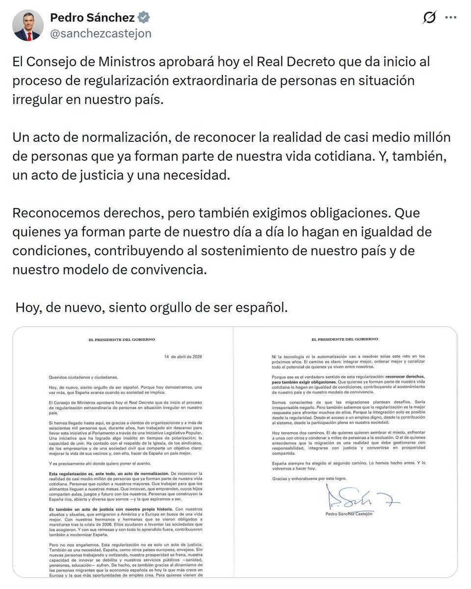 ¡Qué sorpresa!

Récord de asesores en Moncloa y solo se les ocurre lanzar una quinta carta para tapar el procesamiento de su mujer.

Esta vez lo hacen justificando una regularización contraria a la UE, al Consejo de Estado y a las Cortes.

Una ilegalidad para tapar otra.