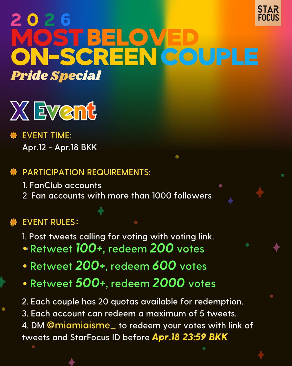 FayoTrueLove's tweet photo. No.2 
Please give me 1 RT and 1 Quote to help me exchange vote tickets for FayeYoko. Thank you very much!

🌈StarFocus Pride Special🌈
Congrats! Faye&Yoko nominated for
🏆2026 Most Beloved On-Screen Couple

📅2026.4.13 - 4.28 (BKK)
Celebrate Every Shade of Love

👉 https://t.co/h32YWuyXgY

#STARFOCUS #2026MostBelovedOnScreenCouple #FayeYoko