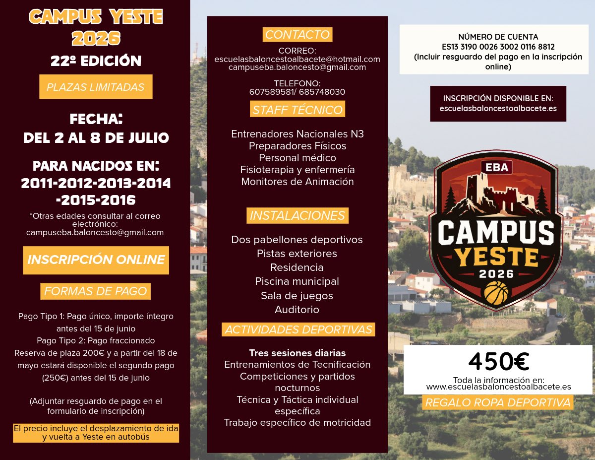 EBA_Albacete's tweet photo. ¡YA ESTÁ AQUÍ! 🔥💯

Apúntate al Campus Yeste 2026 🙌🏼 Un turno, nueva identidad y muchas sorpresas para este verano ☀️

Toda la información disponible en: https://t.co/xBBzIphkKr https://t.co/D1EwMhanc0