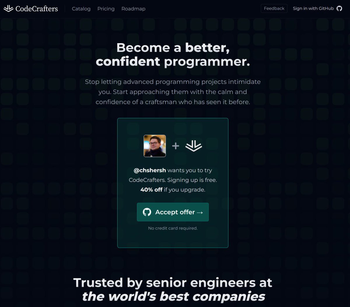 ChShersh's tweet image. Wanna become a C++ expert? Good news, everyone!

Join CodeCrafters and build your own low-latency in-memory DB.

And because you endured all my shitposts, you get a generous 40% discount. I reward your loyalty.

app.codecrafters.io/join?via=chshe…

It's time to git gud. #ad