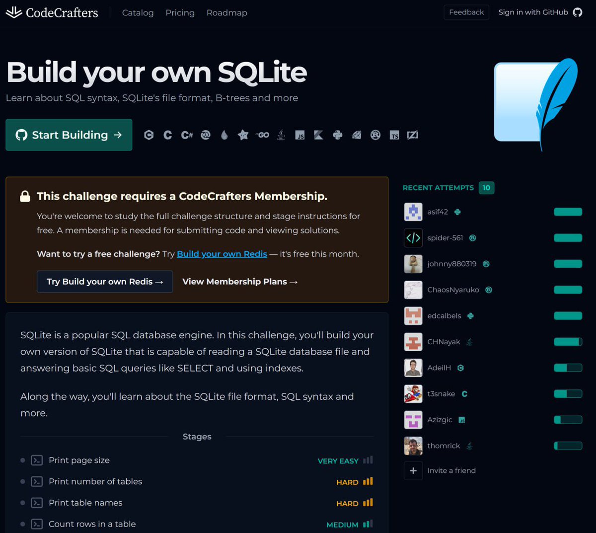 ChShersh's tweet image. Wanna become a C++ expert? Good news, everyone!

Join CodeCrafters and build your own low-latency in-memory DB.

And because you endured all my shitposts, you get a generous 40% discount. I reward your loyalty.

app.codecrafters.io/join?via=chshe…

It's time to git gud. #ad