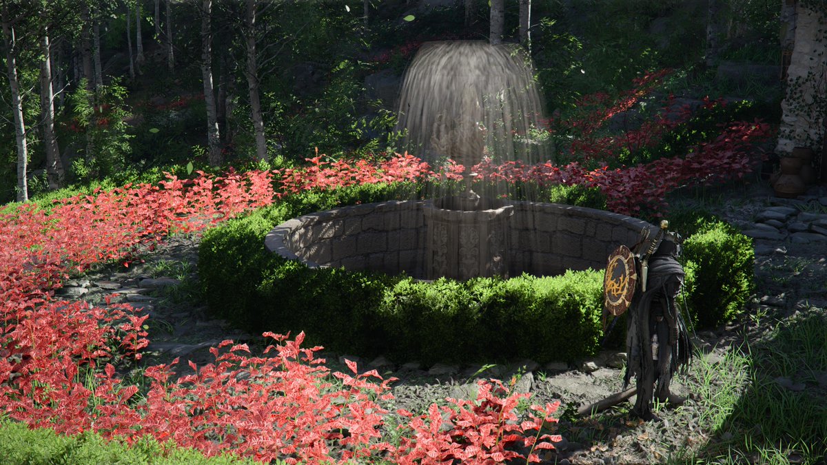 5uwf_'s tweet photo. Hidden in the woods, a garden where stone and water sing a scarlet song. An ordered oasis in the wild. A moment of perfect peace. #CrimsonDesert #PS5Share https://t.co/yjZvkS2qi4