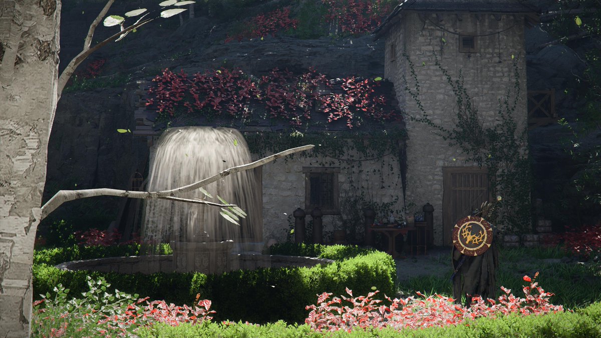 5uwf_'s tweet photo. Hidden in the woods, a garden where stone and water sing a scarlet song. An ordered oasis in the wild. A moment of perfect peace. #CrimsonDesert #PS5Share https://t.co/yjZvkS2qi4